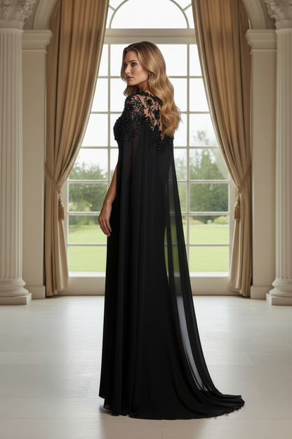 Illusion Lace Cape Sleeve Evening Gown