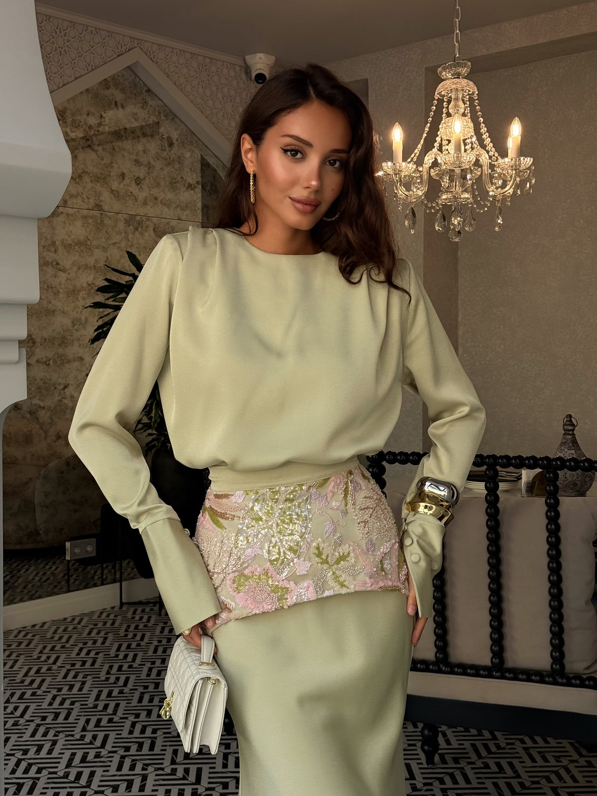 Long Sleeve Maxi Dress with Embellished Waist Detail