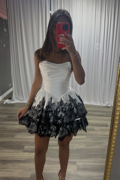 Strapless Ruched Satin and Lace Tiered Mini Dress