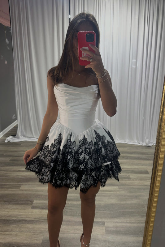 Strapless Ruched Satin and Lace Tiered Mini Dress