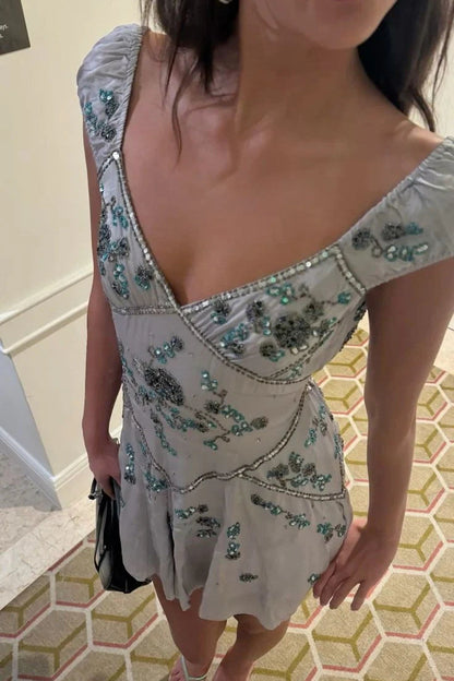 Beaded V-Neck Mini Dress with Cap Sleeves