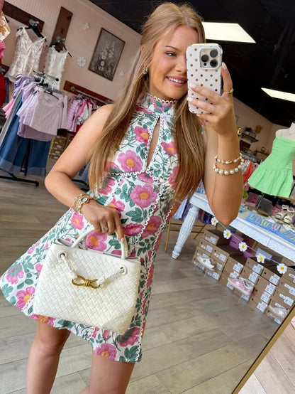Floral Print High Neck Keyhole Mini Dress