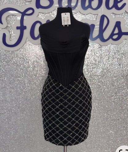Strapless Corset Draped Bodice Beaded Grid Mini Dress