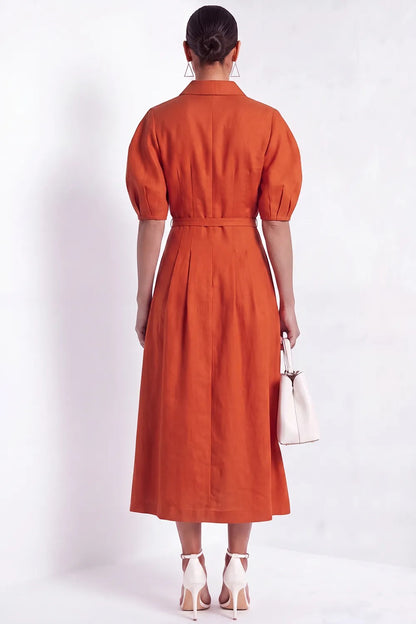 Puff Sleeve Belted Midi Shirt Dress