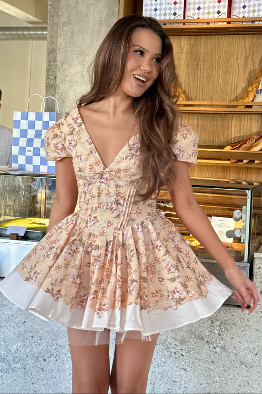 Floral Corset Mini Dress with Puff Sleeves