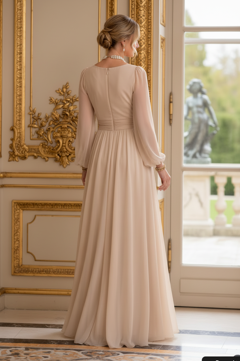 Pleated V-Neck Maxi Dress with Bishop Sleeves