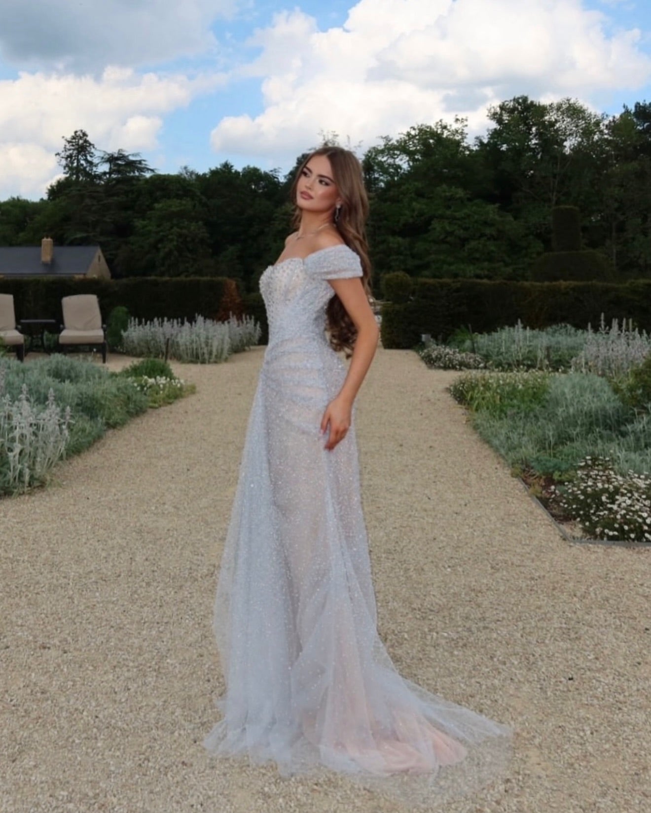 Off-the-Shoulder Ruched Glitter Evening Gown