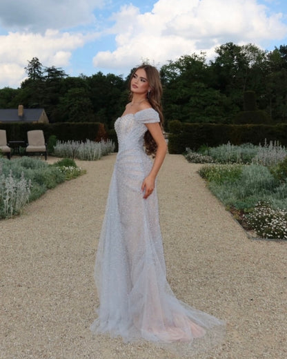 Off-the-Shoulder Ruched Glitter Evening Gown