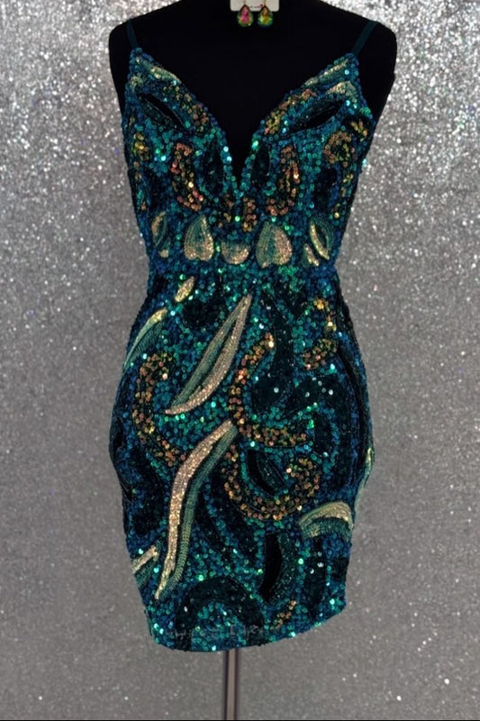 Patterned Sequin V-Neck Bodycon Mini Dress