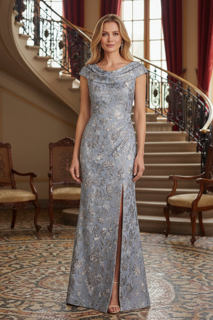 Metallic Floral Jacquard Cowl Neck High-Slit Evening Gown