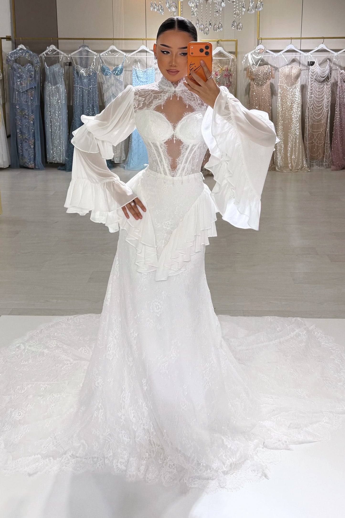 Corset Lace Wedding Dress with Bell Sleeves