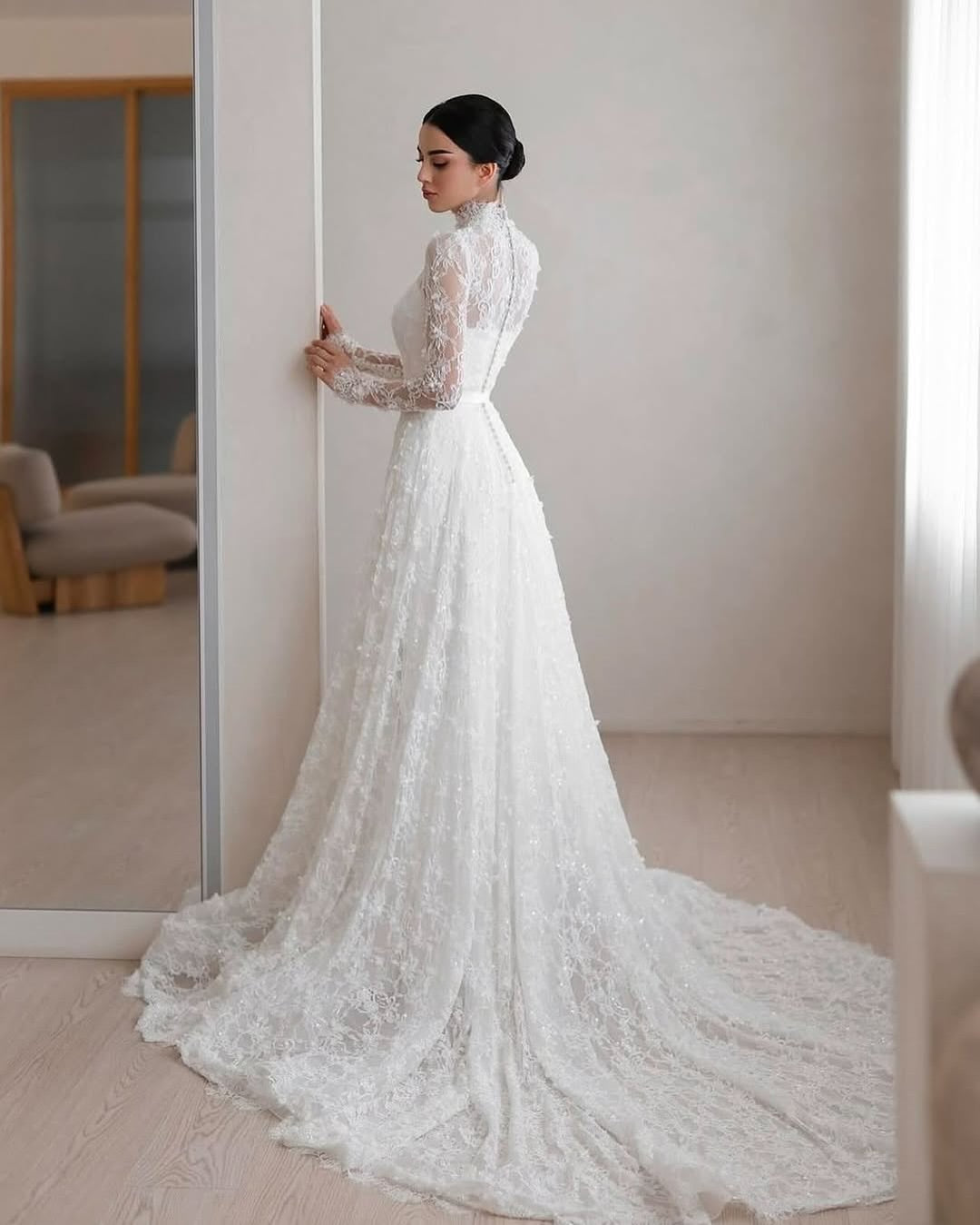 High Neck Lace Long Sleeve Wedding Dress