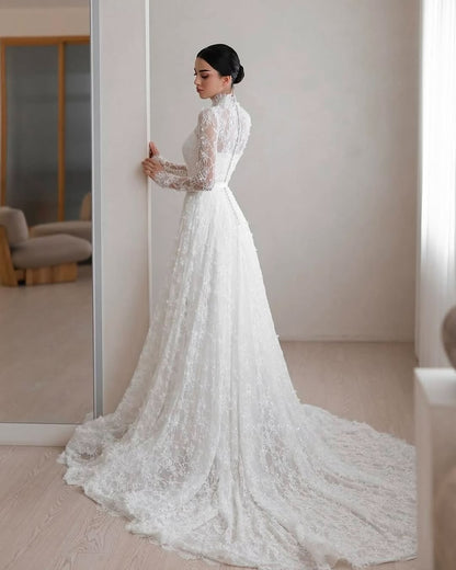 High Neck Lace Long Sleeve Wedding Dress