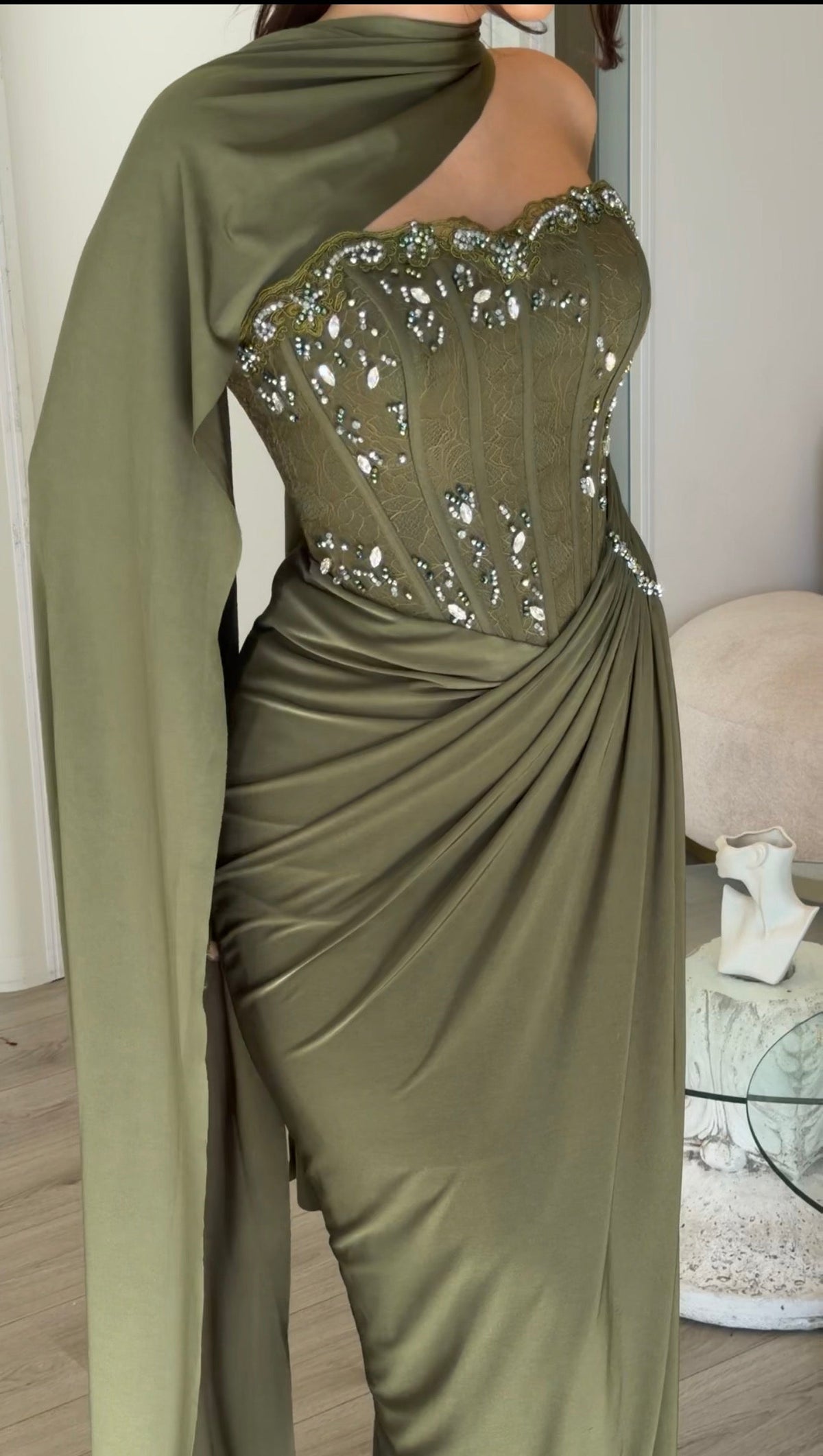 Corset Gown with Scarf Neckline and Gloves