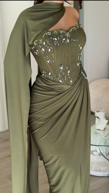 Corset Gown with Scarf Neckline and Gloves
