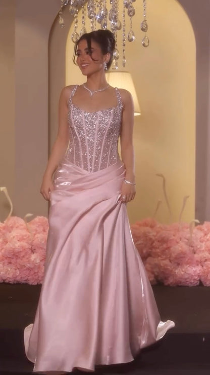 Corset Beaded Satin Ball Gown with Side Draping