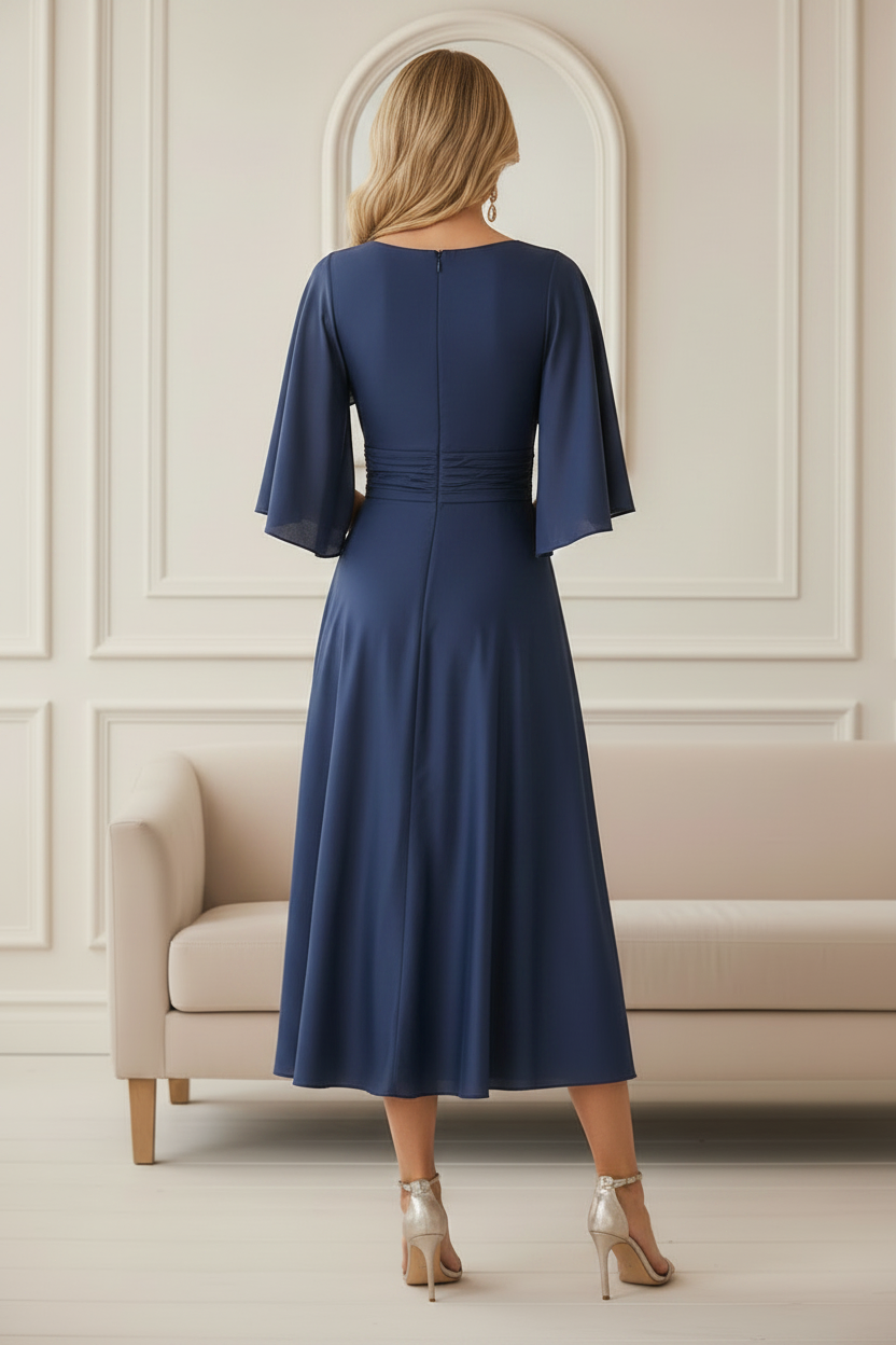 Flutter Sleeve V-Neck Satin Midi Dress