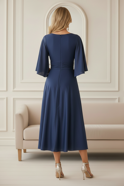 Flutter Sleeve V-Neck Satin Midi Dress