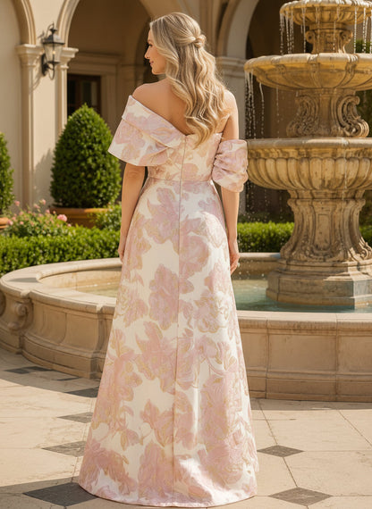 One-Shoulder Floral Jacquard Gown