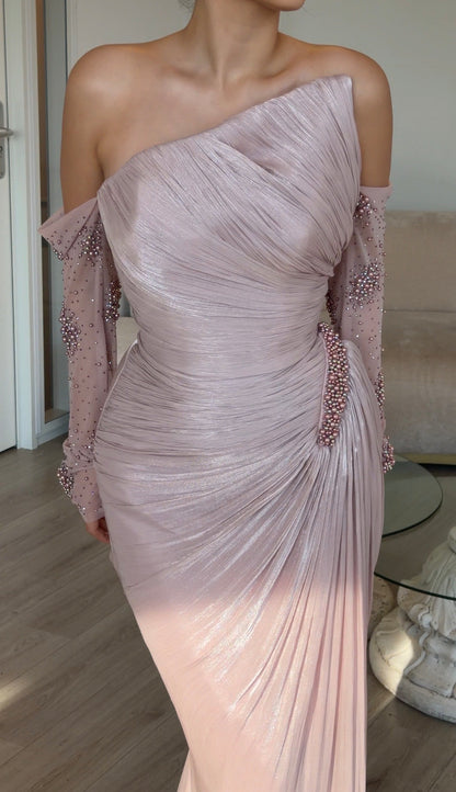 Pleated Asymmetrical Gown with Beaded Hip Accent