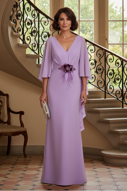 V-Neck Chiffon Evening Gown with Cape Details