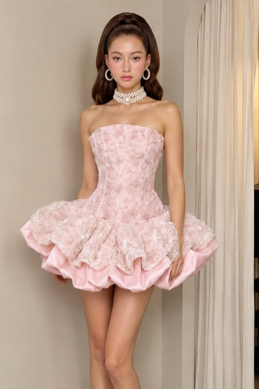 Strapless Floral Corset Bubble Skirt Mini Dress