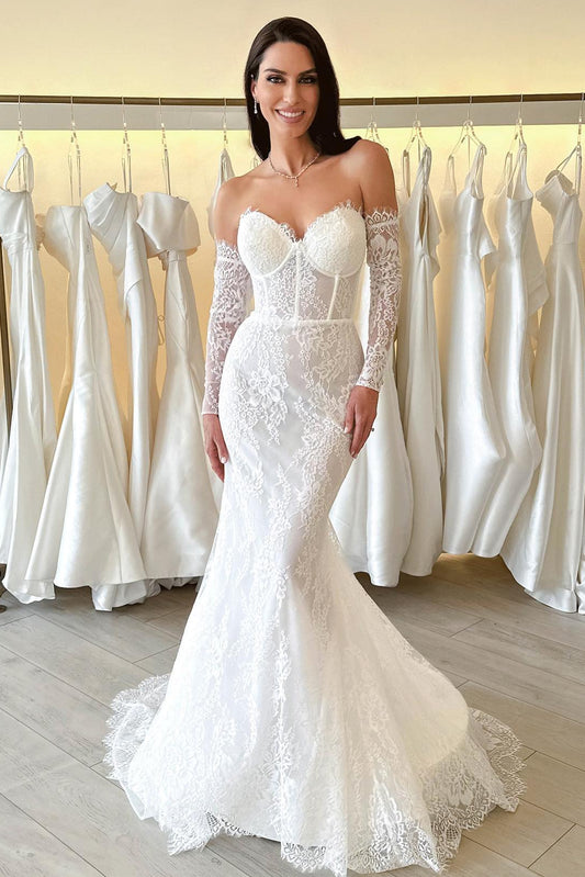 Lace Corset Mermaid Wedding Dress with Long Sleeves