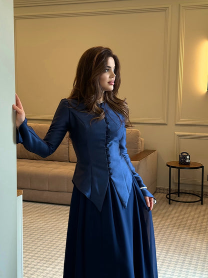 Long Sleeve Button-Front Peplum Evening Gown