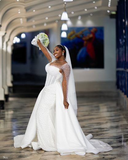 Convertible Pearl Beaded Mermaid Wedding Dress