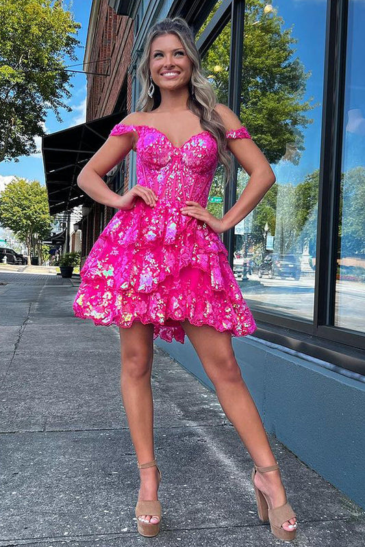 Off-the-Shoulder Tiered Sequin Corset Mini Dress