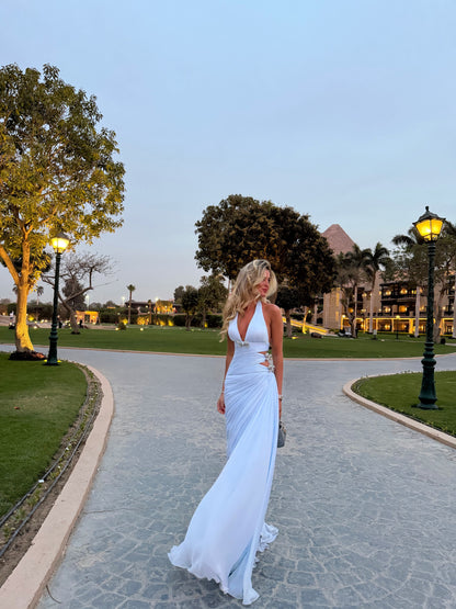 Halter Cut-Out Draped Floor-Length Gown