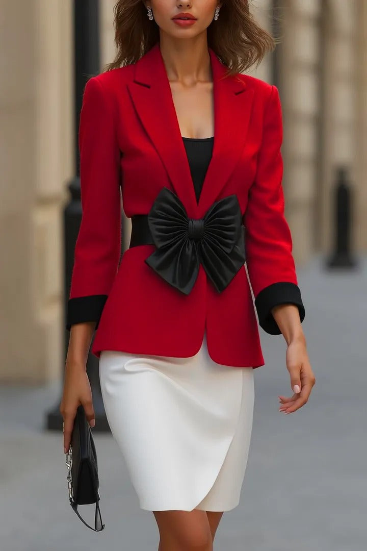 Notched Lapel Blazer with Oversized Bow Belt