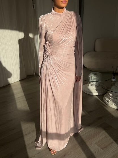Ruched High-Neck Gown with Cape Sleeve & Rosette