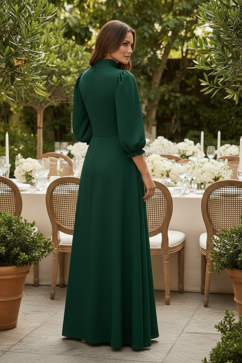 High-Neck 3D Floral Applique Maxi Dress