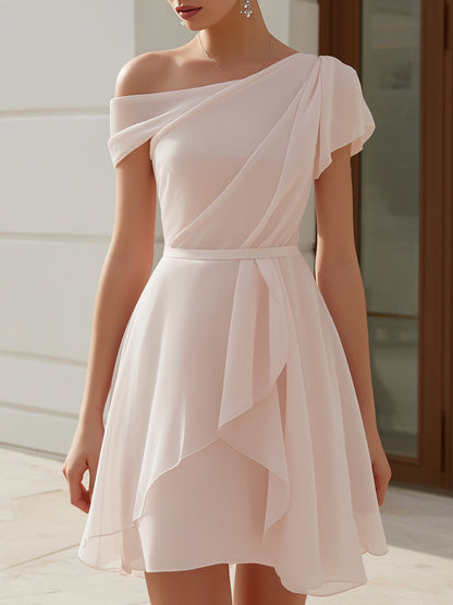 One-Shoulder Pleated Chiffon A-Line Short Dress