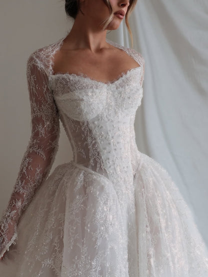 Long Sleeve Corset Lace Ball Gown Wedding Dress