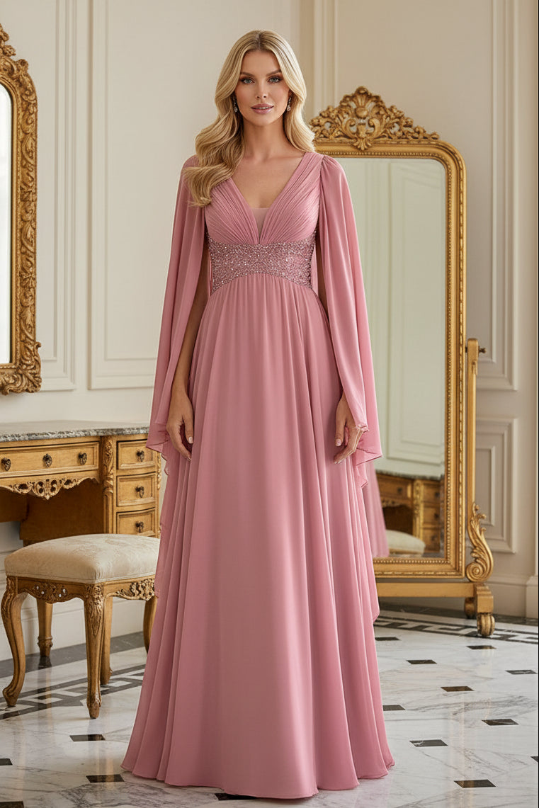 Empire Waist Cape Sleeve Beaded Evening Gown