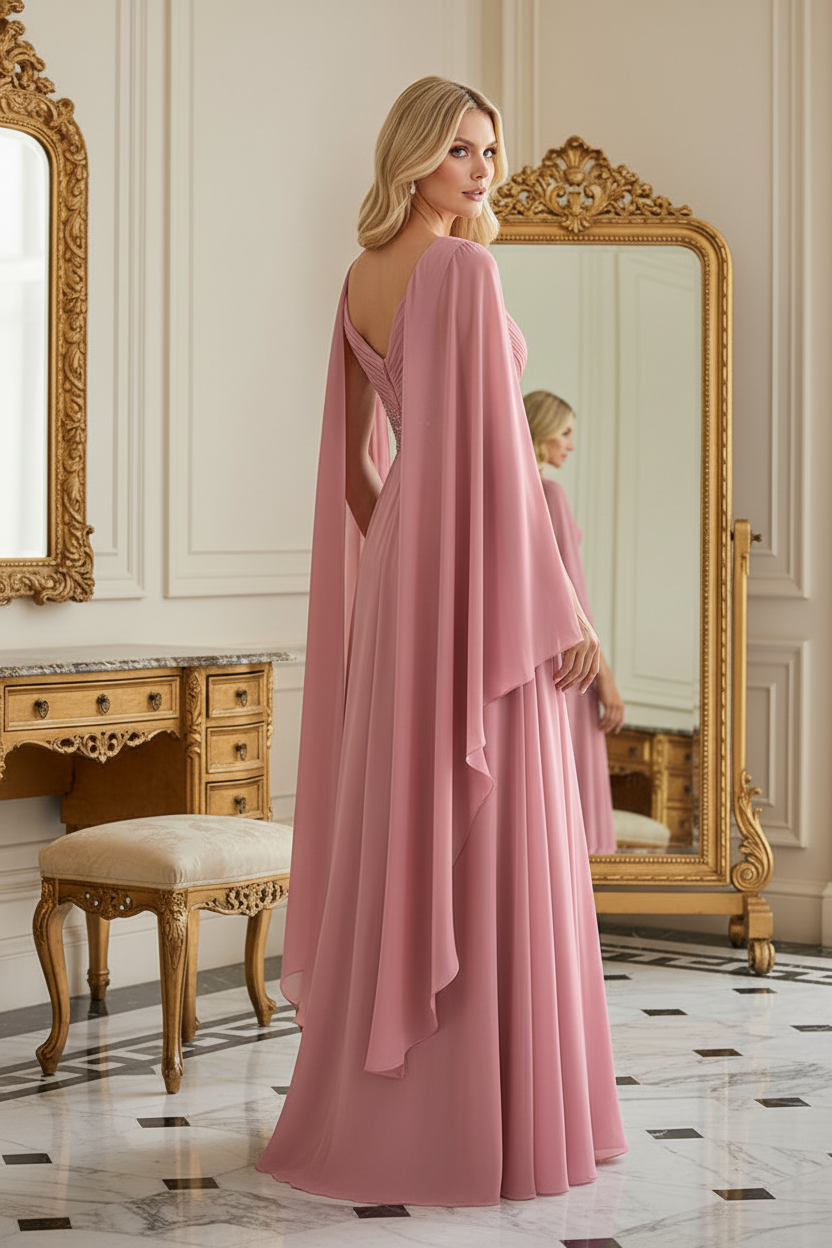 Empire Waist Cape Sleeve Beaded Evening Gown