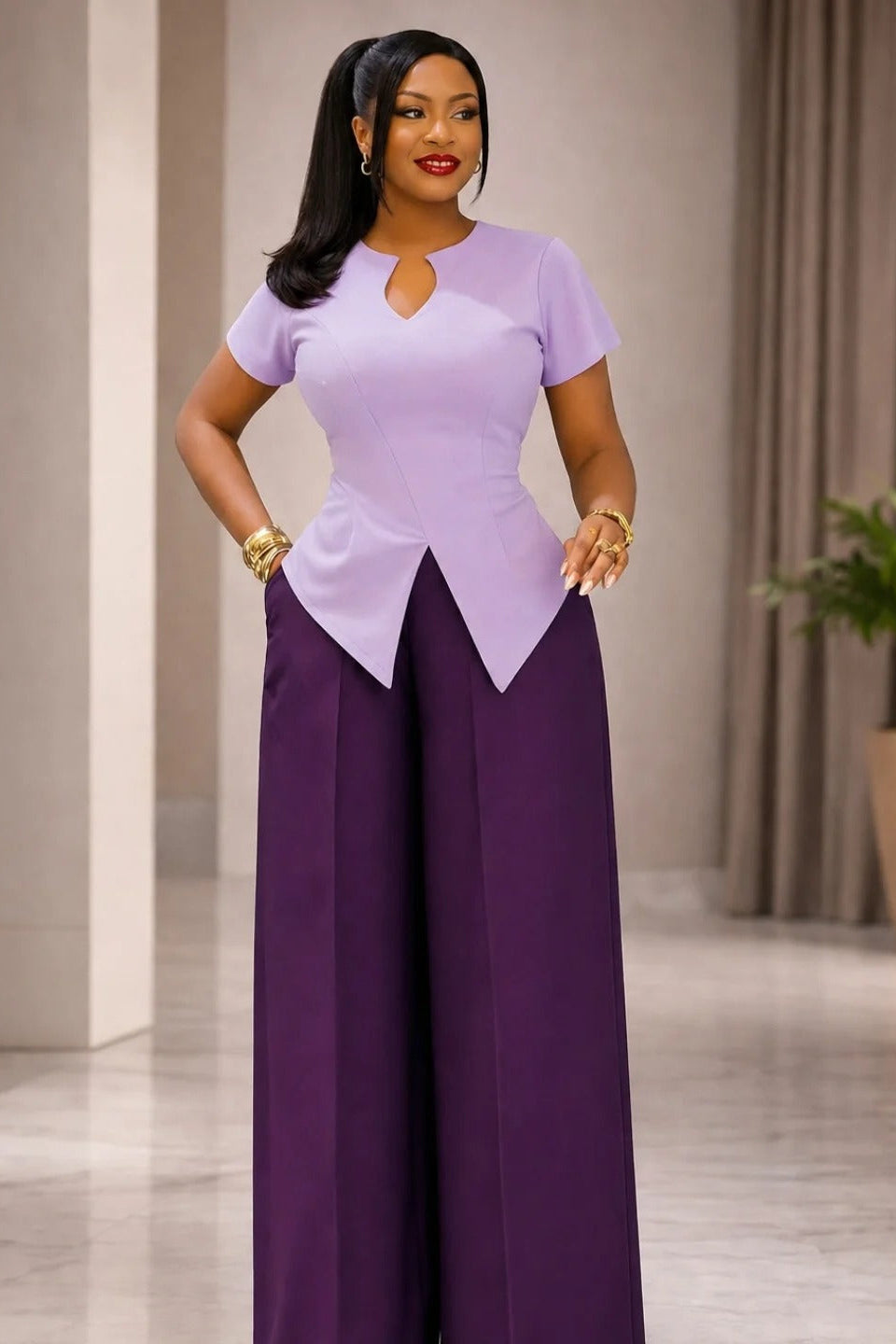 Short Sleeve Asymmetrical Top and Wide-Leg Pantsuit