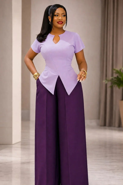 Short Sleeve Asymmetrical Top and Wide-Leg Pantsuit