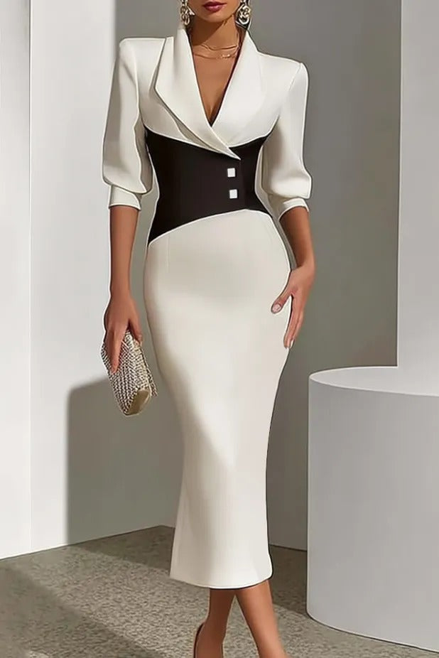 Lapel Collar Midi Sheath Dress with Corset Waist