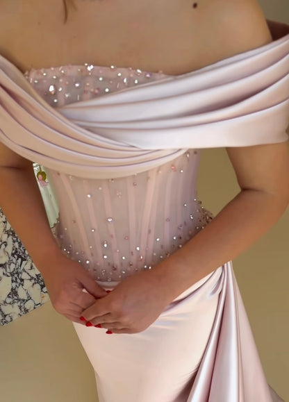Off-the-Shoulder Corset Satin Evening Gown