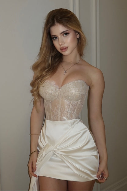 Lace Corset Bustier Satin Wrap High-Low Dress