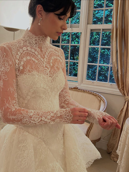High-Neck Long-Sleeve Tiered Lace Ball Gown Wedding Dress