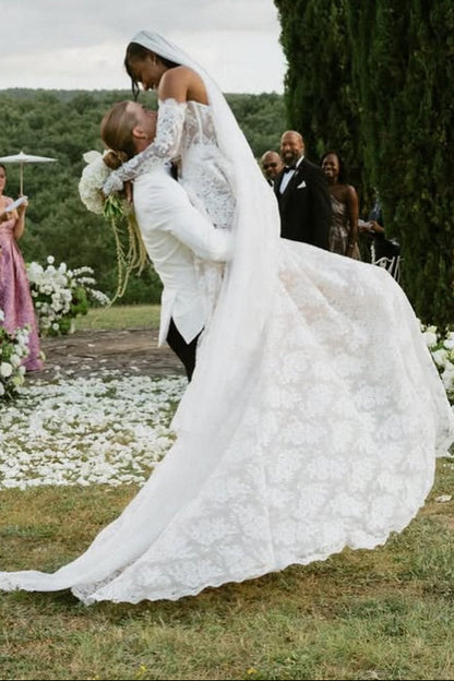 Floral Lace Long Sleeve A-Line Wedding Dress