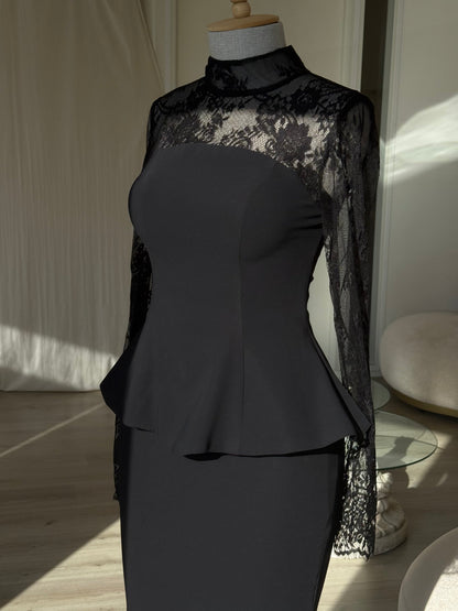 Lace Illusion High Neck Peplum Mermaid Gown