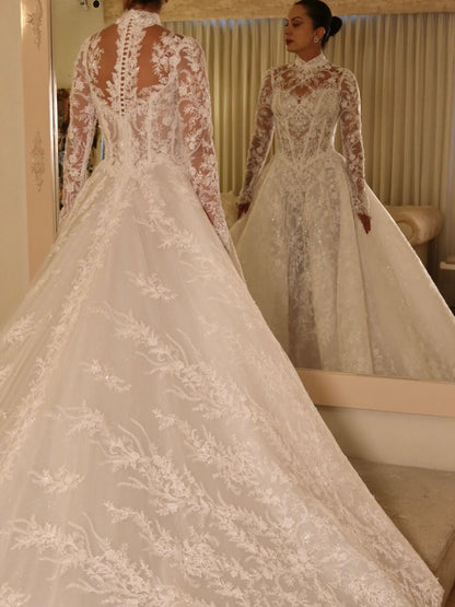 High Neck Lace Ball Gown Wedding Dress