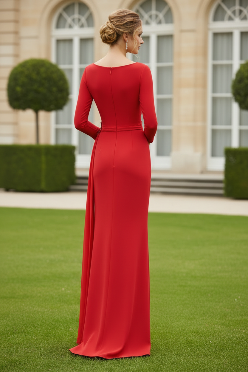 Bateau Neck 3/4 Sleeve Ruched Column Gown