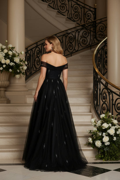 Off-the-Shoulder Tulle A-Line Evening Gown