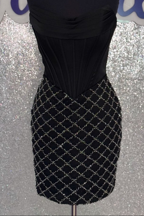 Strapless Corset Draped Bodice Beaded Grid Mini Dress